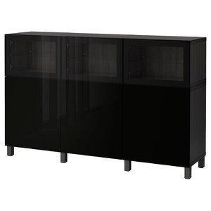 BESTÅ Storage combination with doors, black-brown, Selsviken high-gloss/black, clear glass, 180x40x112 cm