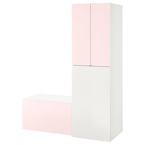 SMÅSTAD Wardrobe with pull-out unit, white pale pink/with storage bench, 150x57x196 cm