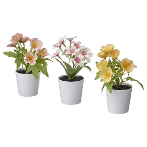 FEJKA Artifi potted plant w pot, set of 3, in/outdoor flower mix, 6 cm