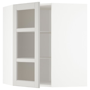 METOD Corner wall cab w shelves/glass dr, white/Lerhyttan light grey, 68x80 cm