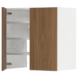 METOD Wall cb f extr hood w shlf/door, white/Tistorp brown walnut effect, 60x60 cm