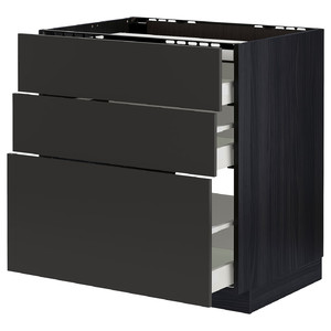METOD / MAXIMERA Base cab f hob/3 fronts/3 drawers, black/Nickebo matt anthracite, 80x60 cm