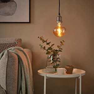 JÄLLBY / MOLNART Pendant lamp with light bulb, textile nickel-plated/mushroom brown clear glass