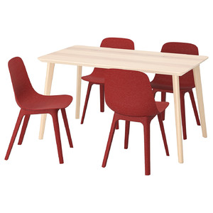 LISABO / ODGER Table and 4 chairs, ash veneer/red, 140 cm