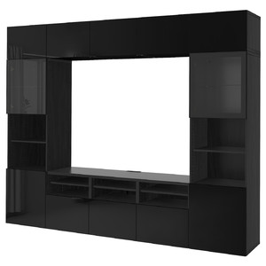 BESTÅ TV storage combination/glass doors, black-brown/Selsviken high-gloss/black clear glass, 300x42x231 cm