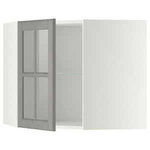 METOD Corner wall cab w shelves/glass dr, white/Bodbyn grey, 68x60 cm