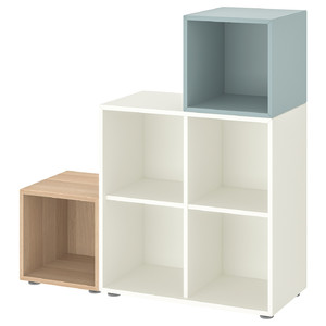 EKET Cabinet combination with feet, white/white stained oak effect light grey-blue, 105x35x107 cm