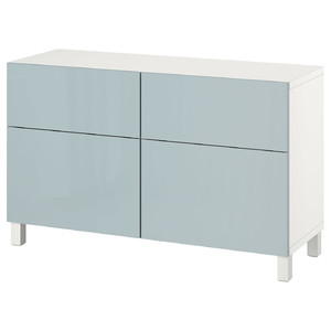 BESTÅ Storage combination w doors/drawers, white Selsviken/Stubbarp/high-gloss light grey-blue, 120x42x74 cm