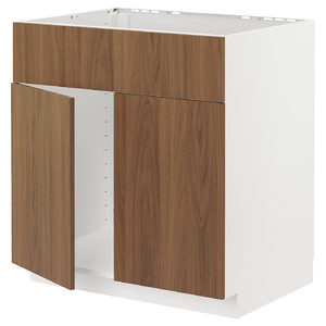 METOD Base cabinet f sink w 2 doors/front, white/Tistorp brown walnut effect, 80x60 cm