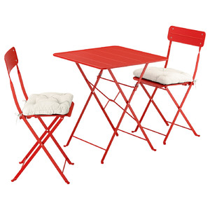 SUNDSÖ Table and 2 folding chairs, outdoor bright red/bright red Kuddarna light grey-beige, 65x65 cm