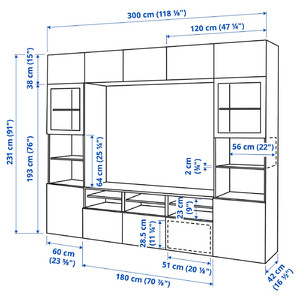 BESTÅ TV storage combination/glass doors, dark grey Lappviken/Sindvik dark grey, 300x42x231 cm