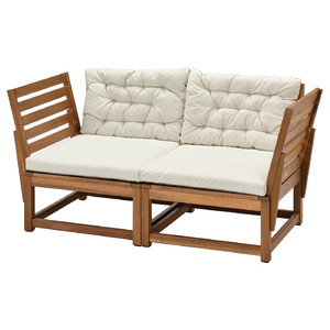 NÄMMARÖ 2-seat modular sofa, outdoor, light brown stained armrest/Kuddarna beige