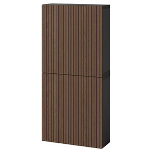 BESTÅ Wall cabinet with 2 doors, black-brown Björköviken/brown stained oak veneer, 60x22x128 cm