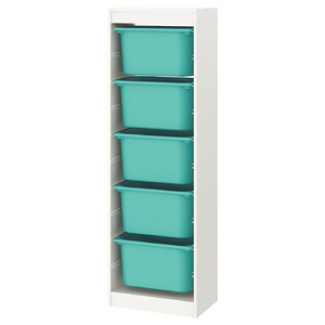 TROFAST Storage combination with boxes, white, turquoise, 46x30x145 cm
