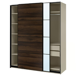 PAX / MEHAMN/AULI Wardrobe with sliding doors, grey-beige black/dark brown oak effect mirror glass, 200x66x236 cm