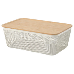 IKEA 365+ Food storage basket with lid, rectangular metal/white bamboo, 32x21x13 cm