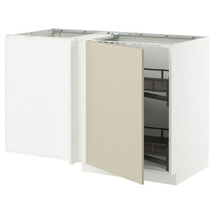 METOD Corner base cab w pull-out fitting, white/Havstorp beige, 128x68 cm