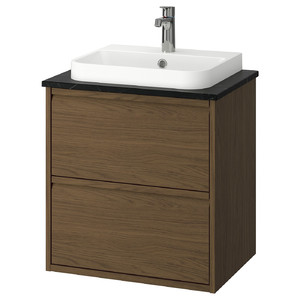 ÄNGSJÖN / BACKSJÖN Wash-stnd w drawers/wash-basin/tap, brown oak effect/black marble effect, 62x49x71 cm