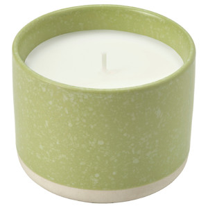 LÖVSKOGSLUND Scented candle in ceramic jar, Apple/bright beige-yellow, 25 hr