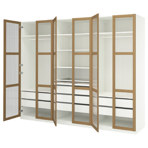 PAX / TONSTAD Wardrobe combination, white/oak veneer glass, 300x60x236 cm