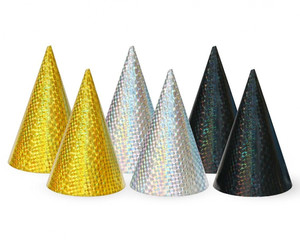Paper Party Hat 6pcs, holo gold, silver, black