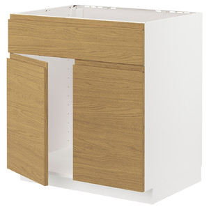 METOD Base cabinet f sink w 2 doors/front, white/Voxtorp oak effect, 80x60 cm