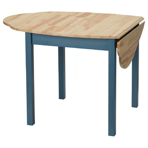 OMMJÄNGE Drop-leaf table, pine/stained blue, 134x82 cm