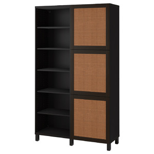 BESTÅ Storage combination with doors, black-brown Studsviken/dark brown woven poplar, 120x42x202 cm
