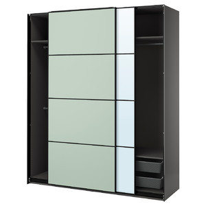 PAX / MEHAMN/AULI Wardrobe with sliding doors, dark grey double sided/light green mirror glass, 200x66x236 cm