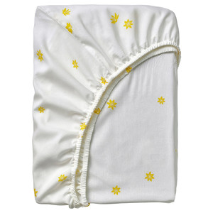 SKOGSDUVA Fitted sheet, white yellow/flower pattern, 90x200 cm