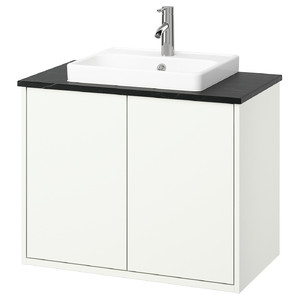 HAVBÄCK / ORRSJÖN Wash-stnd w doors/wash-basin/tap, white/black marble effect, 82x49x71 cm