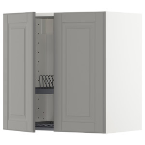 METOD Wall cabinet w dish drainer/2 doors, white/Bodbyn grey, 60x60 cm