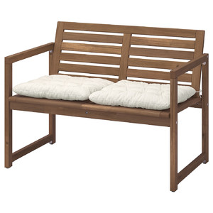 NÄMMARÖ Bench with backrest and cushions, light brown stained/Kuddarna light grey-beige