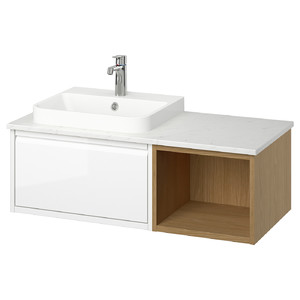 ÄNGSJÖN / BACKSJÖN Wash-stand/wash-basin/tap, high-gloss white/oak effect/white marble effect, 102x49x41 cm