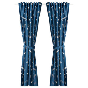 AFTONSPARV Curtains with tie-backs, 1 pair, space blue/white, 120x300 cm
