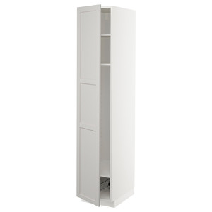METOD High cabinet w shelves/wire basket, white/Lerhyttan light grey, 40x60x200 cm