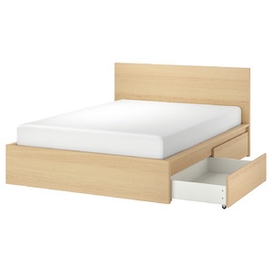 MALM Bed frame, high, w 2 storage boxes, white stained oak veneer/Lindbåden, 180x200 cm