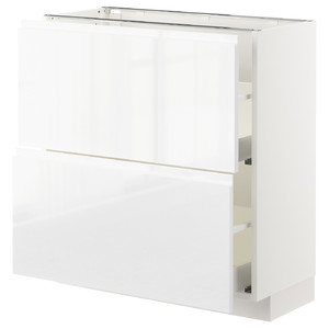 METOD / MAXIMERA Base cabinet with 2 drawers, white/Voxtorp high-gloss/white, 80x37 cm