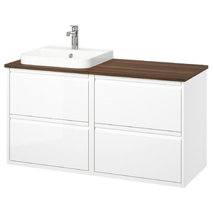 ÄNGSJÖN / BACKSJÖN Wash-stand/wash-basin/tap, high-gloss white/brown walnut effect, 122x49x71 cm