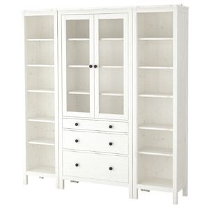 HEMNES Storage combination w doors/drawers, white stained, clear glass, 188x197 cm