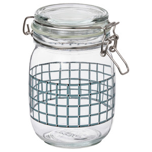 KORKEN Jar with lid, clear glass/check pattern grey-blue, 1 l