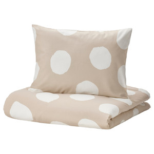 KLYNNETÅG Duvet cover and pillowcase, beige/white/dotted, 150x200/50x60 cm