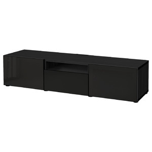 BESTÅ TV bench, black-brown, Selsviken high-gloss/black smoked glass, 180x42x39 cm