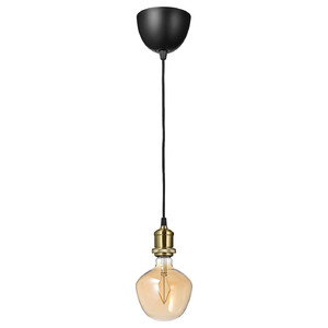 JÄLLBY / MOLNART Pendant lamp with light bulb, brass-plated/bell-shaped brown clear glass