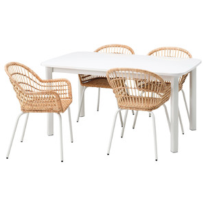 STRANDTORP / NILSOVE Table and 4 chairs, white, rattan white, 150/205/260 cm