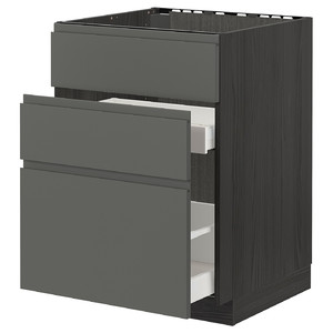 METOD / MAXIMERA Base cab f sink+3 fronts/2 drawers, black/Voxtorp dark grey, 60x60 cm