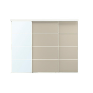 SKYTTA / MEHAMN/AULI Sliding door combination, white double sided/grey-beige mirror glass, 251x205 cm