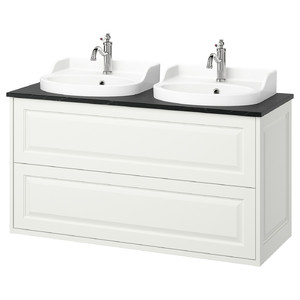 TÄNNFORSEN / RUTSJÖN Wash-stnd w drawers/wash-basin/taps, white/black marble effect, 122x49x76 cm