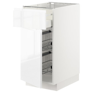 METOD / MAXIMERA Base cab w wire basket/drawer/door, white/Voxtorp high-gloss/white, 40x60 cm
