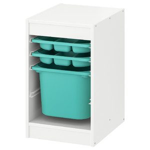 TROFAST Storage combination with box/trays, white/turquoise, 34x44x56 cm